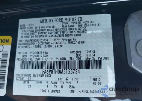 2021 Ford Mustang Ecoboost Fastback из США, поврежденный, VIN 1FA6P8TH0M5155734